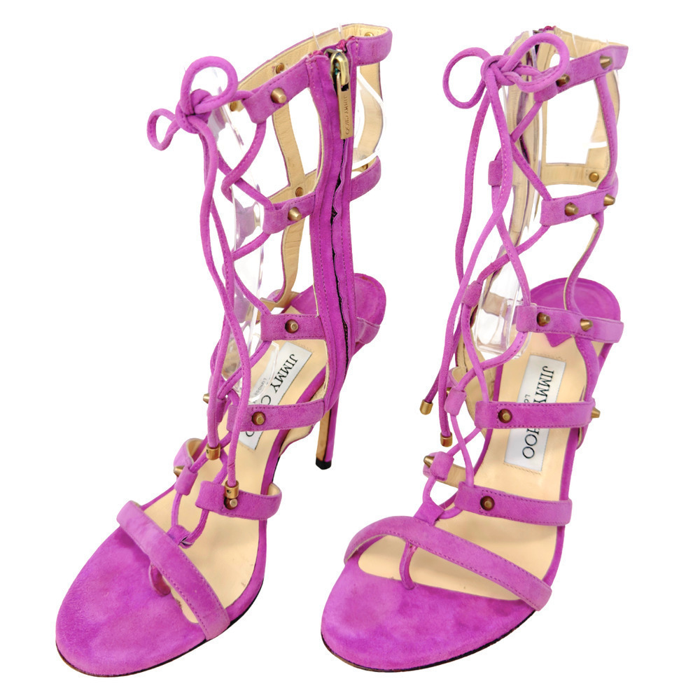 Jimmy Choo Shoes Heels Sandals Lavender Suede Stud Gladiator Purple Caged 37.5 - Picture 10 of 11